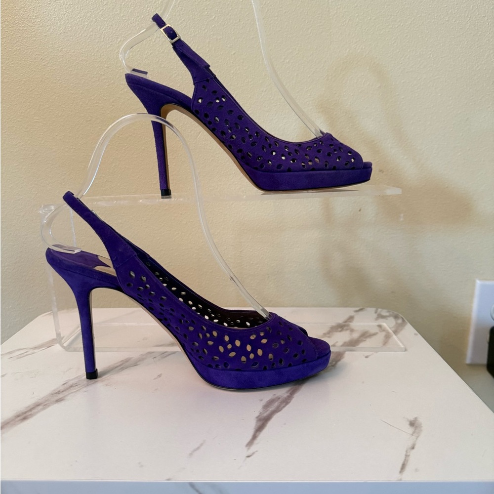 Jimmy Choo Nova Purple Suede Lazer Cut Heels, Size 37 (7 US,) EUC